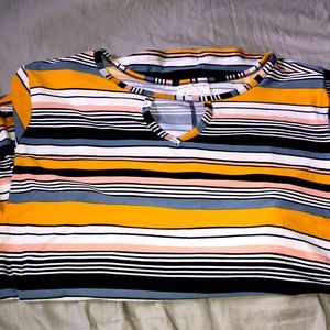 orange, blue, and peach striped top